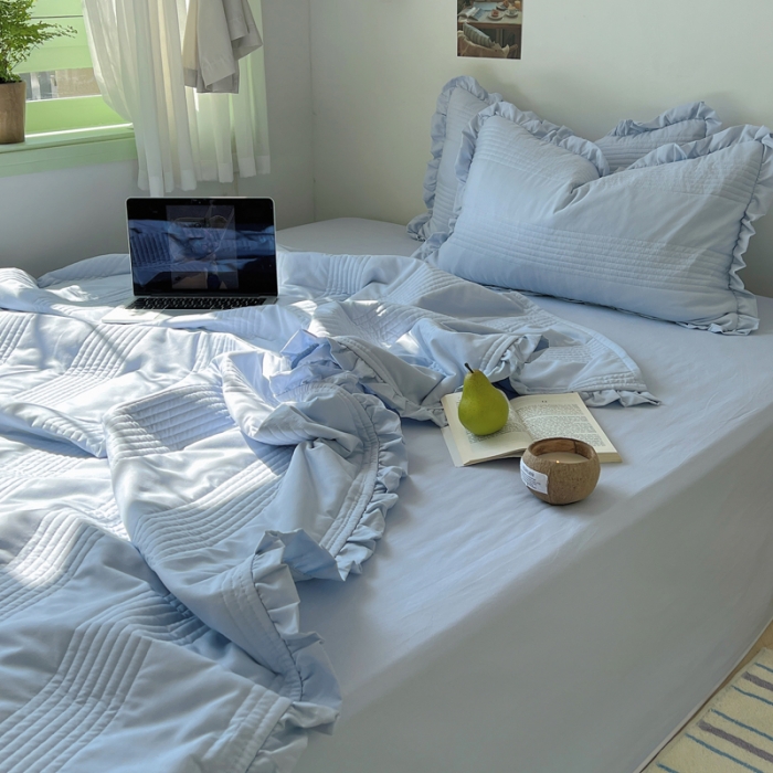 91家纺网 家纺一手货源 找家纺 六巷胡同 2023新款博主同款水洗纱夏被四件套-风格二 海盐蓝