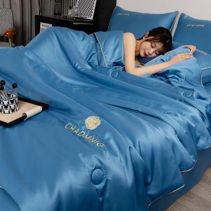 梦镜家纺2025新款山茶花系列凉感丝冰丝大豆夏被 山茶花-布鲁士蓝