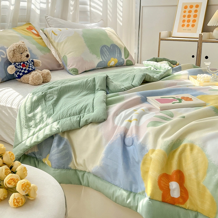 91家纺网 家纺一手货源 找家纺 星巴K 2023新款洛卡棉美棉印花夏被亲肤手包边夏被 炫彩