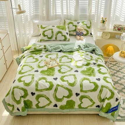 星巴K 2023新款洛卡棉美棉印花夏被亲肤手包边夏被 爱心绿