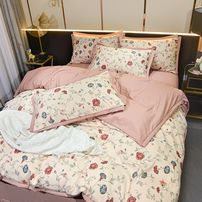 91家纺网 家纺一手货源 找家纺 梦柏 双层纱棉麻四件套 朝颜