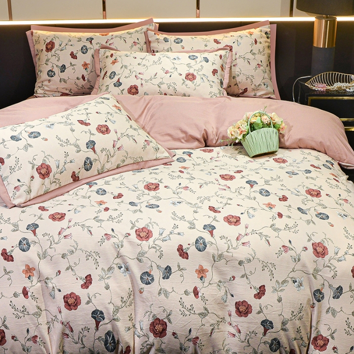 91家纺网 家纺一手货源 找家纺 梦柏 双层纱棉麻四件套 朝颜