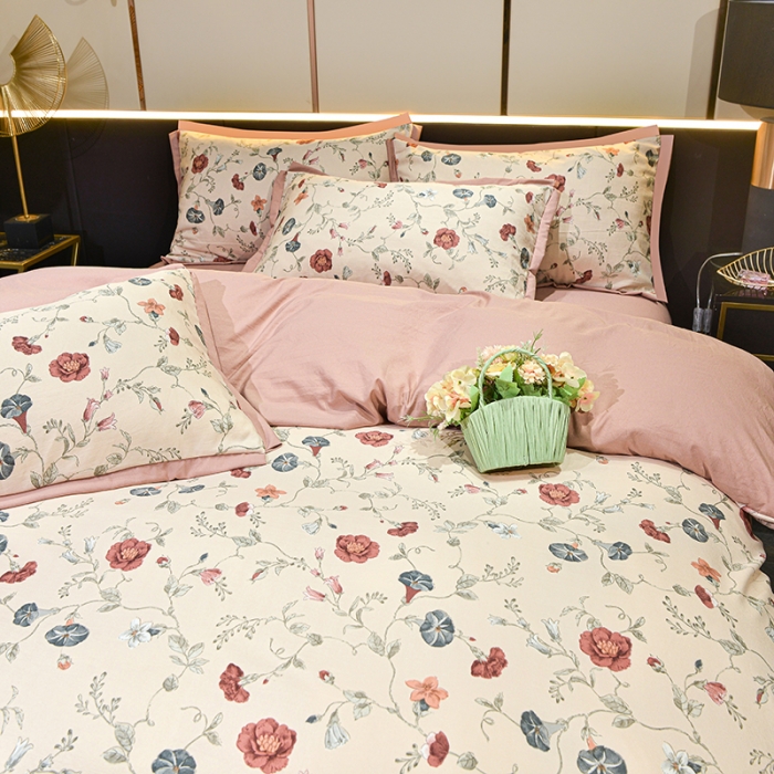 91家纺网 家纺一手货源 找家纺 梦柏 双层纱棉麻四件套 朝颜