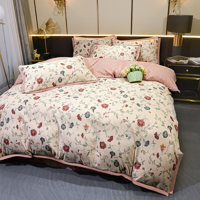 91家纺网 家纺一手货源 找家纺 梦柏 双层纱棉麻四件套 朝颜