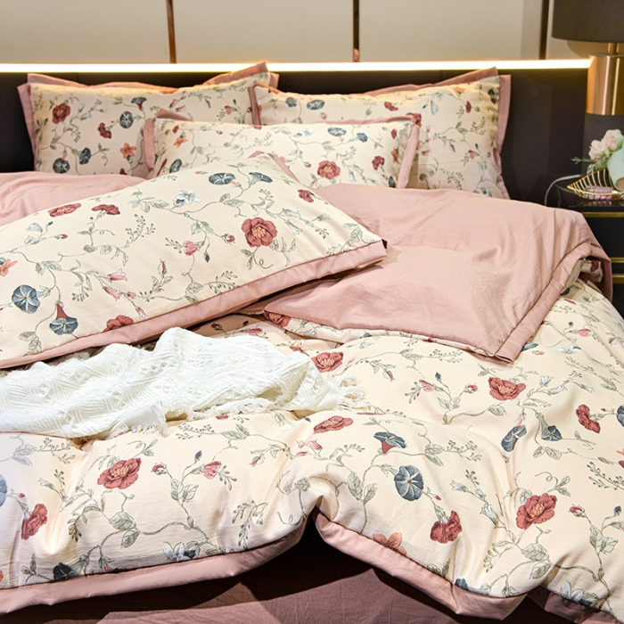 91家纺网 家纺一手货源 找家纺 梦柏 双层纱棉麻四件套 朝颜