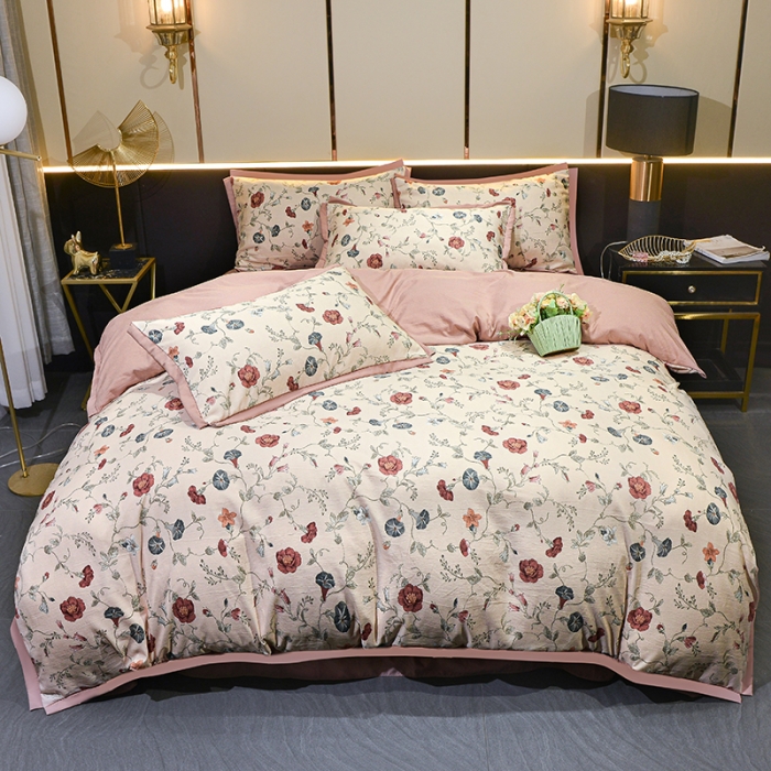 91家纺网 家纺一手货源 找家纺 梦柏 双层纱棉麻四件套 朝颜