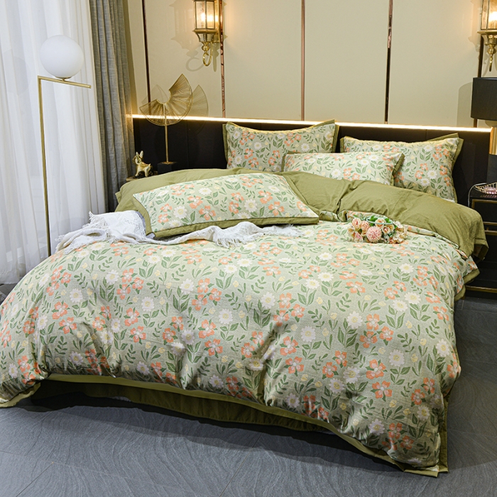 91家纺网 家纺一手货源 找家纺 梦柏 双层纱棉麻四件套 花开半夏