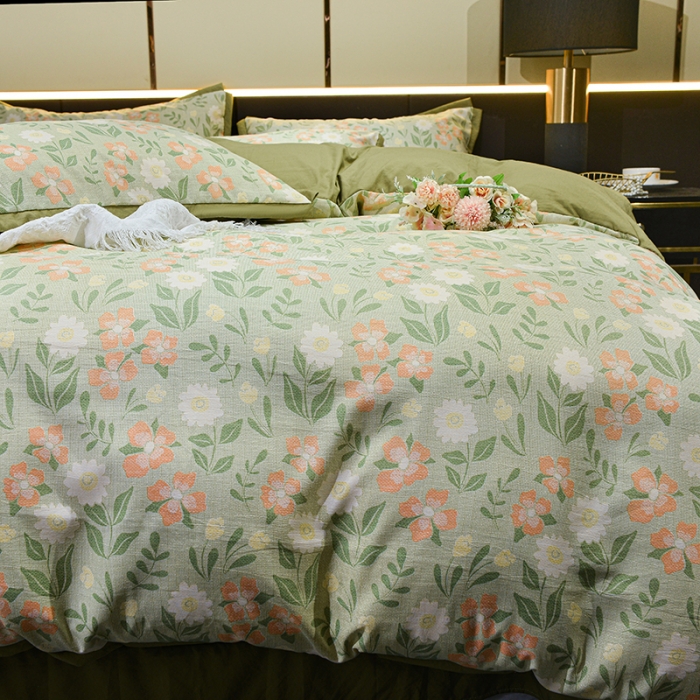 91家纺网 家纺一手货源 找家纺 梦柏 双层纱棉麻四件套 花开半夏