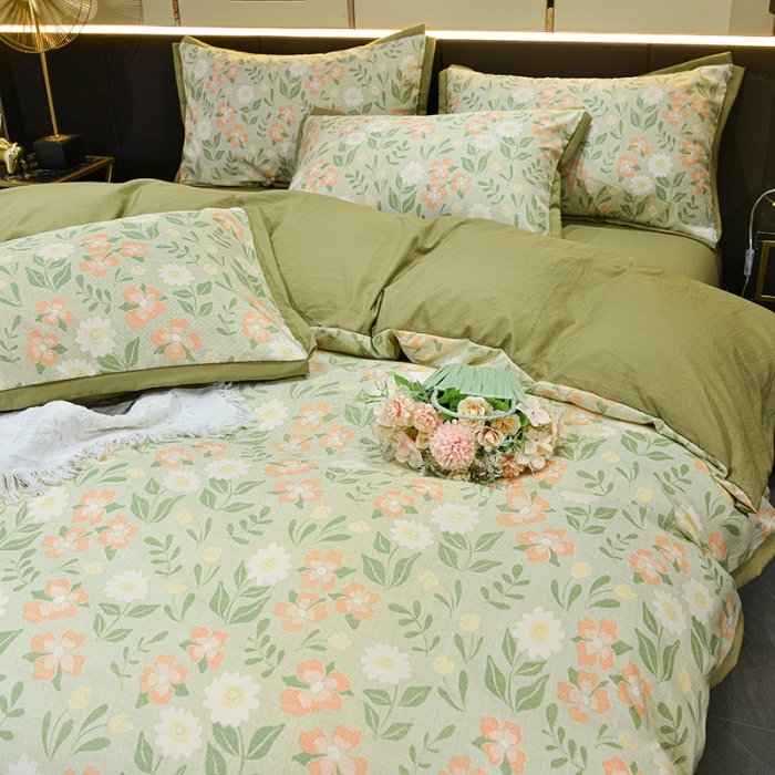 91家纺网 家纺一手货源 找家纺 梦柏 双层纱棉麻四件套 花开半夏