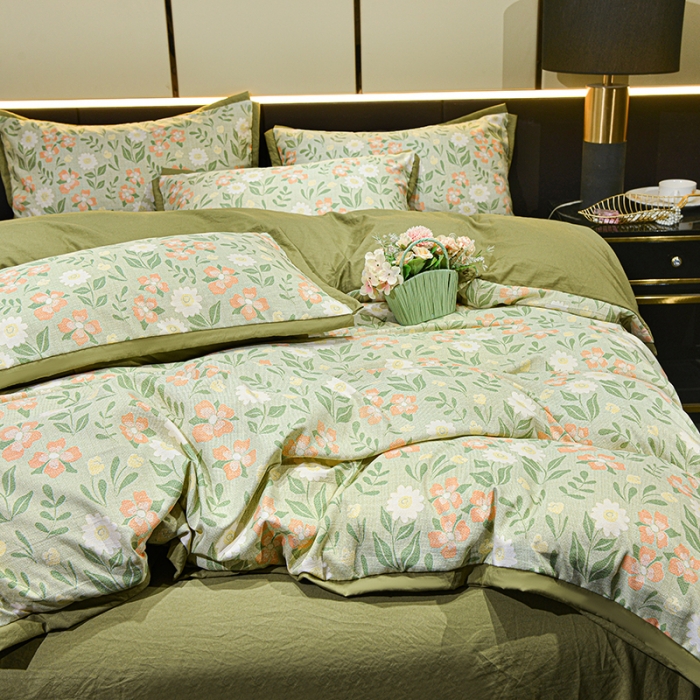 91家纺网 家纺一手货源 找家纺 梦柏 双层纱棉麻四件套 花开半夏