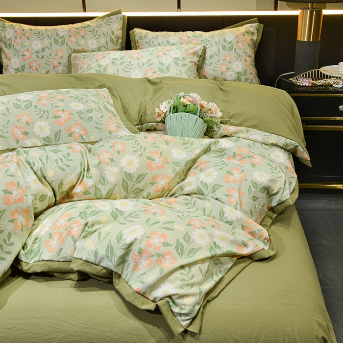 91家纺网 家纺一手货源 找家纺 梦柏 双层纱棉麻四件套 花开半夏