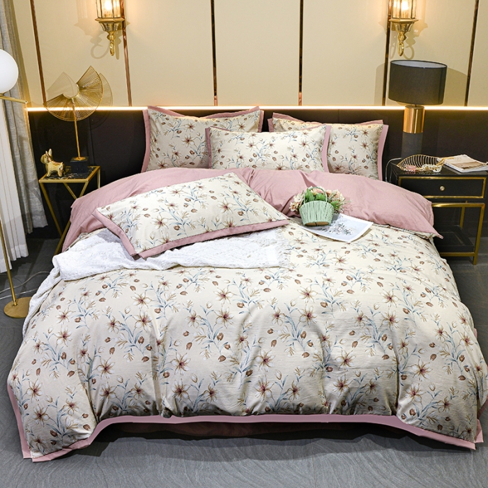 91家纺网 家纺一手货源 找家纺 梦柏 双层纱棉麻四件套 花漾甜心