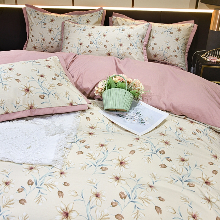 91家纺网 家纺一手货源 找家纺 梦柏 双层纱棉麻四件套 花漾甜心