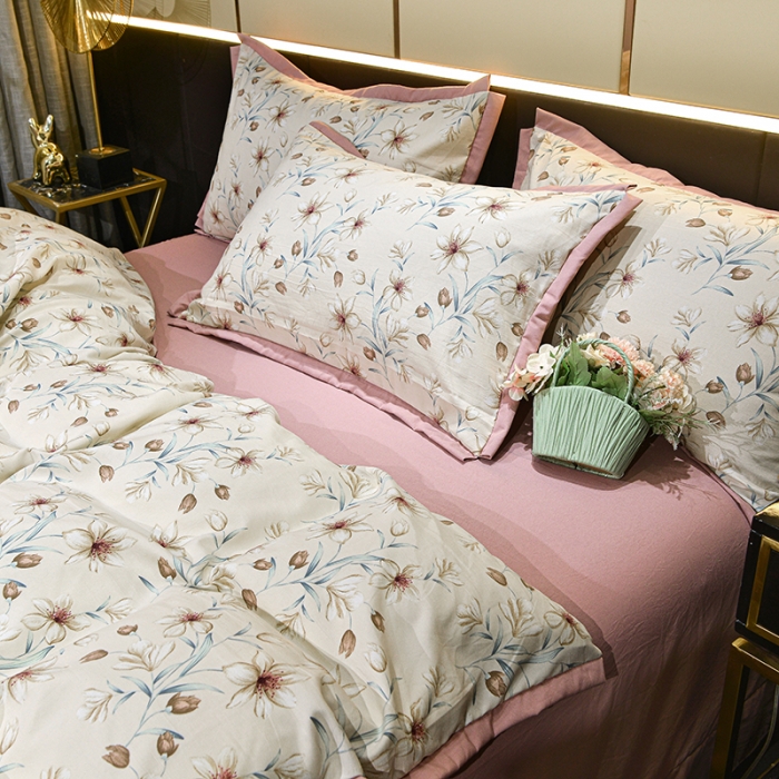 91家纺网 家纺一手货源 找家纺 梦柏 双层纱棉麻四件套 花漾甜心