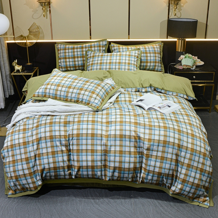 91家纺网 家纺一手货源 找家纺 梦柏 双层纱棉麻四件套 蓝格调