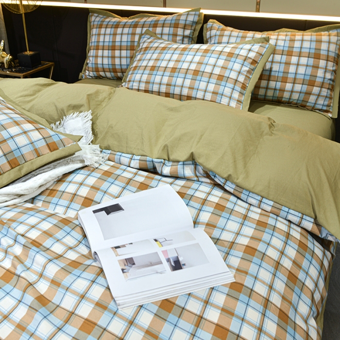 91家纺网 家纺一手货源 找家纺 梦柏 双层纱棉麻四件套 蓝格调