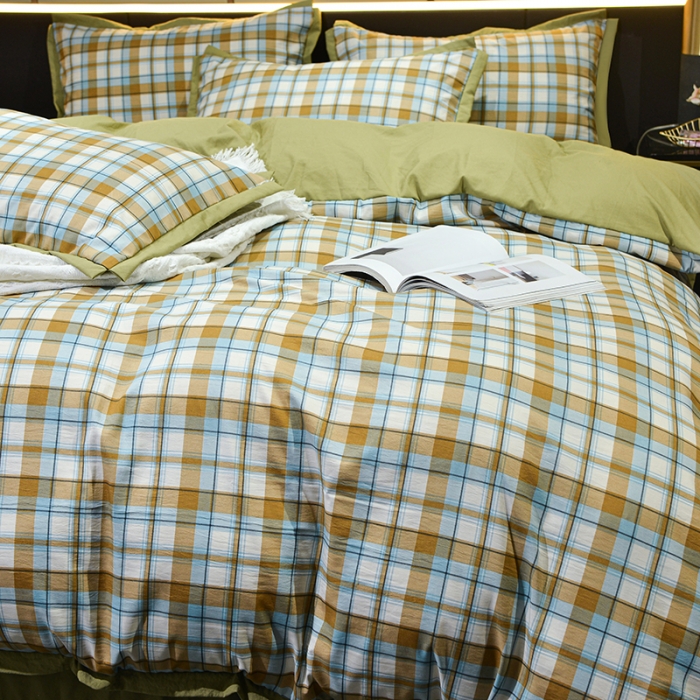 91家纺网 家纺一手货源 找家纺 梦柏 双层纱棉麻四件套 蓝格调