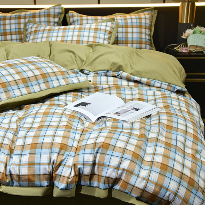 91家纺网 家纺一手货源 找家纺 梦柏 双层纱棉麻四件套 蓝格调