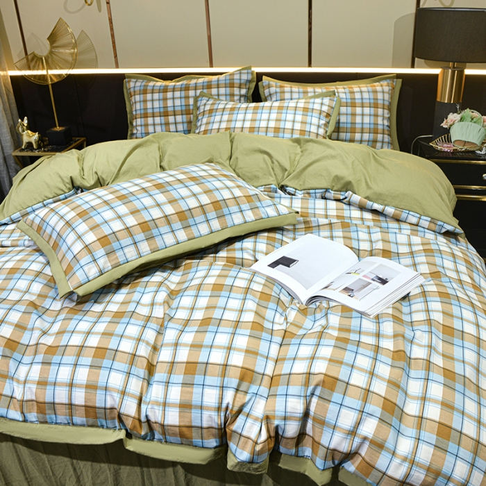 91家纺网 家纺一手货源 找家纺 梦柏 双层纱棉麻四件套 蓝格调