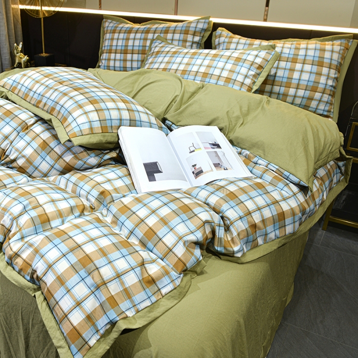 91家纺网 家纺一手货源 找家纺 梦柏 双层纱棉麻四件套 蓝格调