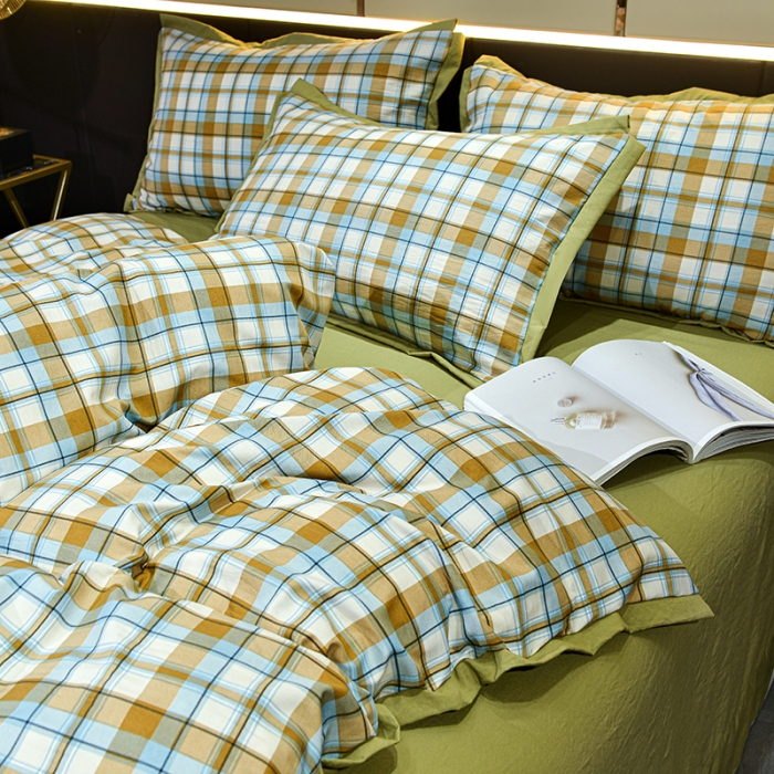 91家纺网 家纺一手货源 找家纺 梦柏 双层纱棉麻四件套 蓝格调