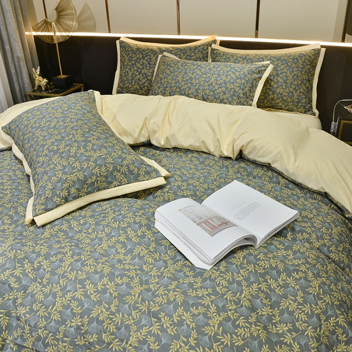 91家纺网 家纺一手货源 找家纺 梦柏 双层纱棉麻四件套 落叶