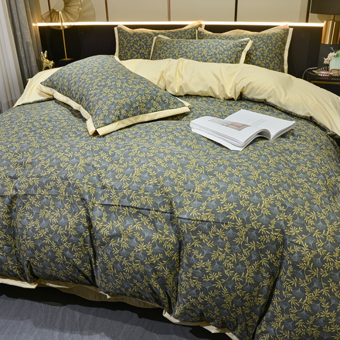 91家纺网 家纺一手货源 找家纺 梦柏 双层纱棉麻四件套 落叶