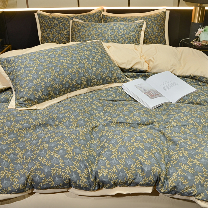 91家纺网 家纺一手货源 找家纺 梦柏 双层纱棉麻四件套 落叶