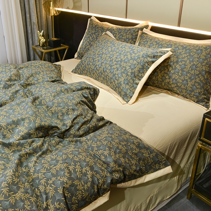 91家纺网 家纺一手货源 找家纺 梦柏 双层纱棉麻四件套 落叶