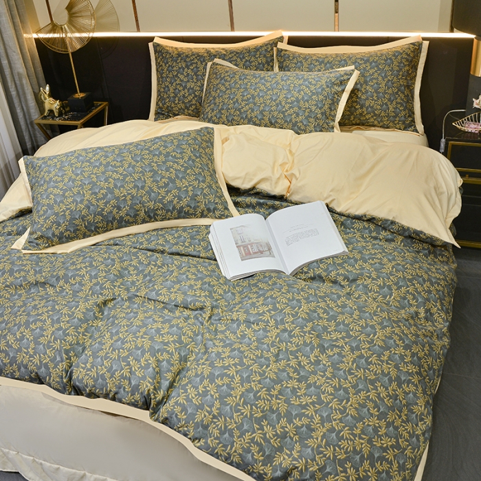 91家纺网 家纺一手货源 找家纺 梦柏 双层纱棉麻四件套 落叶