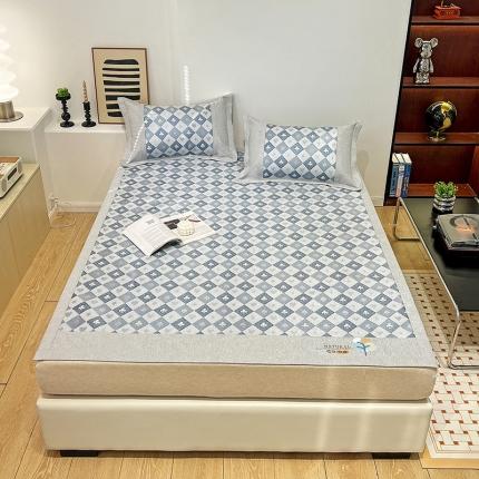 91家纺网 家纺一手货源 找家纺 2023澳梵植物抗菌冰丝凉席三件套软席 棋盘-蓝