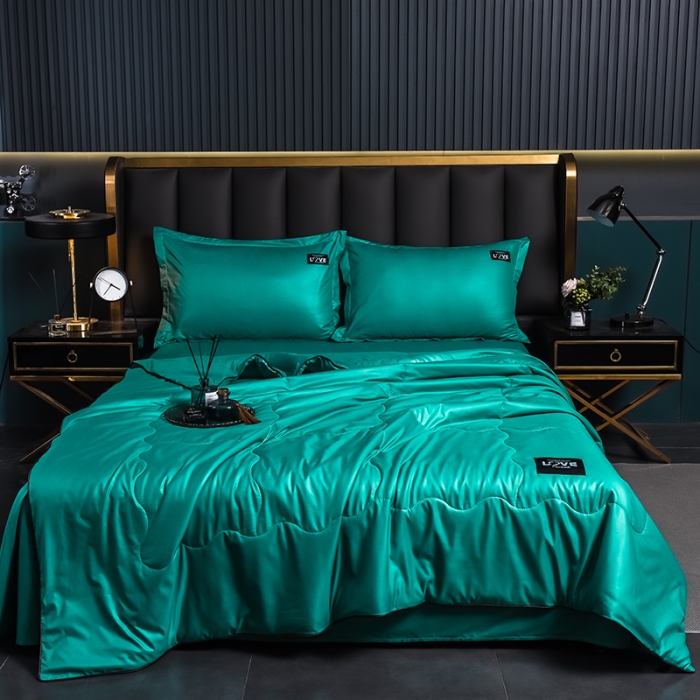 91家纺网 家纺一手货源 找家纺 宇豪 2023新款水洗真丝夏被套件 墨绿色