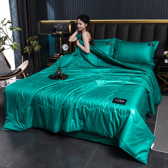 91家纺网 家纺一手货源 找家纺 宇豪 2023新款水洗真丝夏被套件 墨绿色