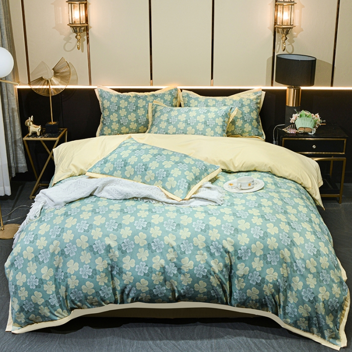 91家纺网 家纺一手货源 找家纺 梦柏 双层纱棉麻四件套 四叶草