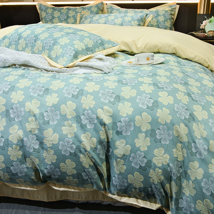 91家纺网 家纺一手货源 找家纺 梦柏 双层纱棉麻四件套 四叶草