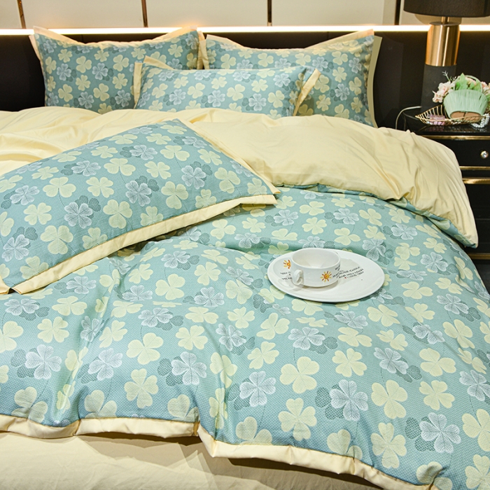 91家纺网 家纺一手货源 找家纺 梦柏 双层纱棉麻四件套 四叶草