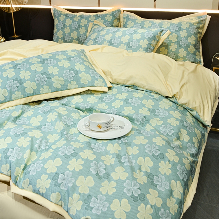 91家纺网 家纺一手货源 找家纺 梦柏 双层纱棉麻四件套 四叶草