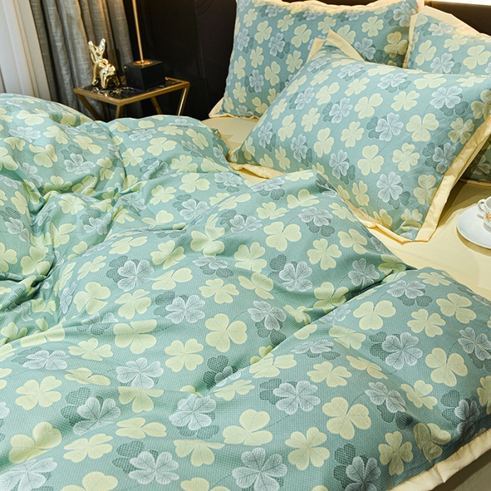 91家纺网 家纺一手货源 找家纺 梦柏 双层纱棉麻四件套 四叶草