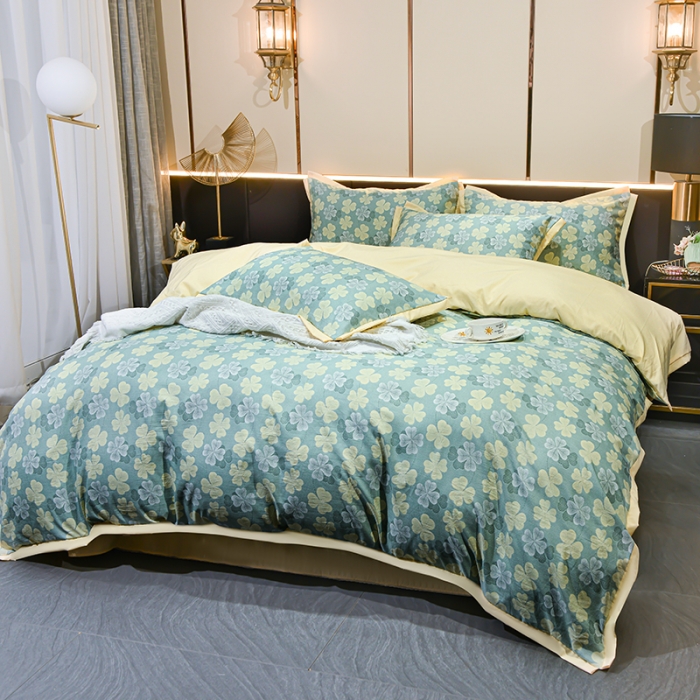 91家纺网 家纺一手货源 找家纺 梦柏 双层纱棉麻四件套 四叶草