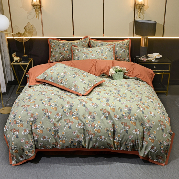 91家纺网 家纺一手货源 找家纺 梦柏 双层纱棉麻四件套 小花园