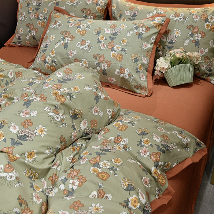 91家纺网 家纺一手货源 找家纺 梦柏 双层纱棉麻四件套 小花园