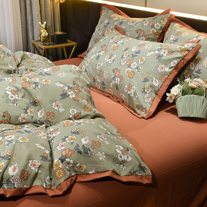 91家纺网 家纺一手货源 找家纺 梦柏 双层纱棉麻四件套 小花园