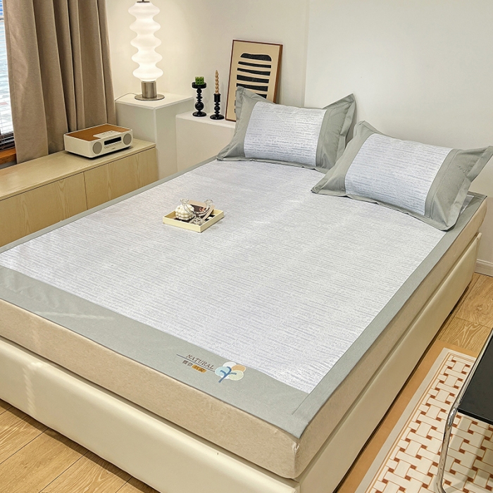 91家纺网 家纺一手货源 找家纺 2023澳梵植物抗菌冰丝凉席三件套软席 简约-水蓝