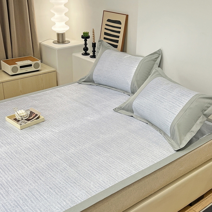 91家纺网 家纺一手货源 找家纺 2023澳梵植物抗菌冰丝凉席三件套软席 简约-水蓝