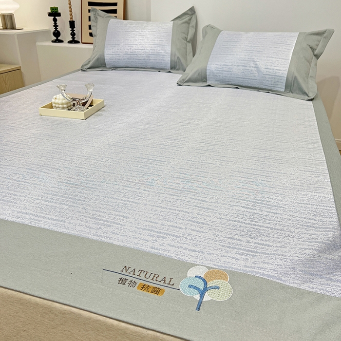 91家纺网 家纺一手货源 找家纺 2023澳梵植物抗菌冰丝凉席三件套软席 简约-水蓝