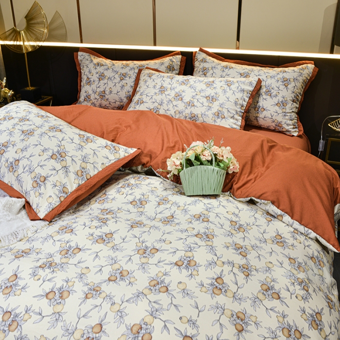 91家纺网 家纺一手货源 找家纺 梦柏 双层纱棉麻四件套 小石榴