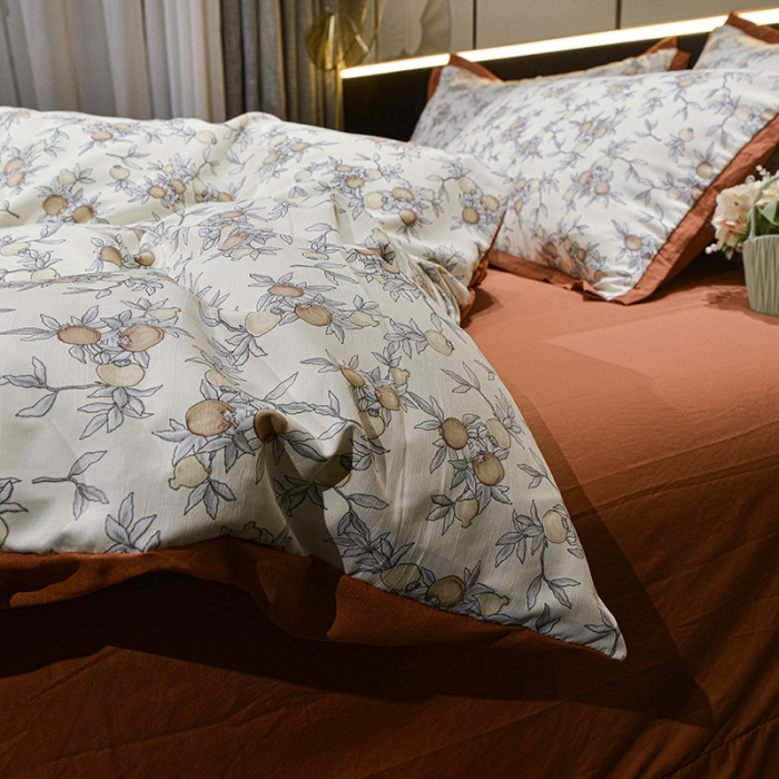 91家纺网 家纺一手货源 找家纺 梦柏 双层纱棉麻四件套 小石榴