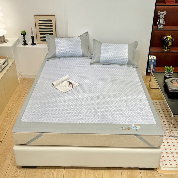 91家纺网 家纺一手货源 找家纺 2023澳梵植物抗菌冰丝凉席三件套软席 米格-蓝