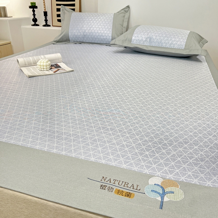 91家纺网 家纺一手货源 找家纺 2023澳梵植物抗菌冰丝凉席三件套软席 米格-蓝