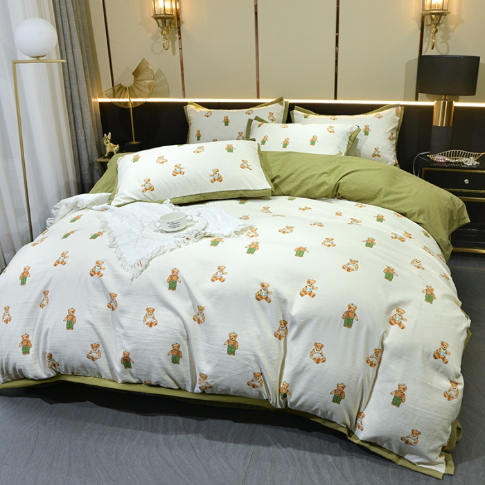 91家纺网 家纺一手货源 找家纺 梦柏 双层纱棉麻四件套 小熊乐园